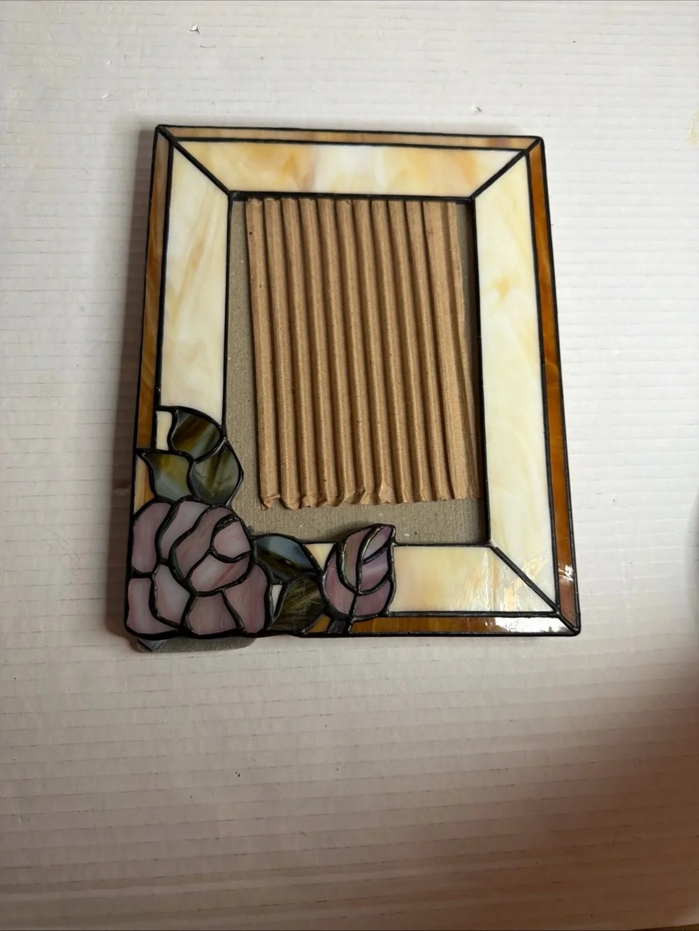 Stained Glass Metal Frame Picture Photo 5x7” Frame Pink Rose Leaves